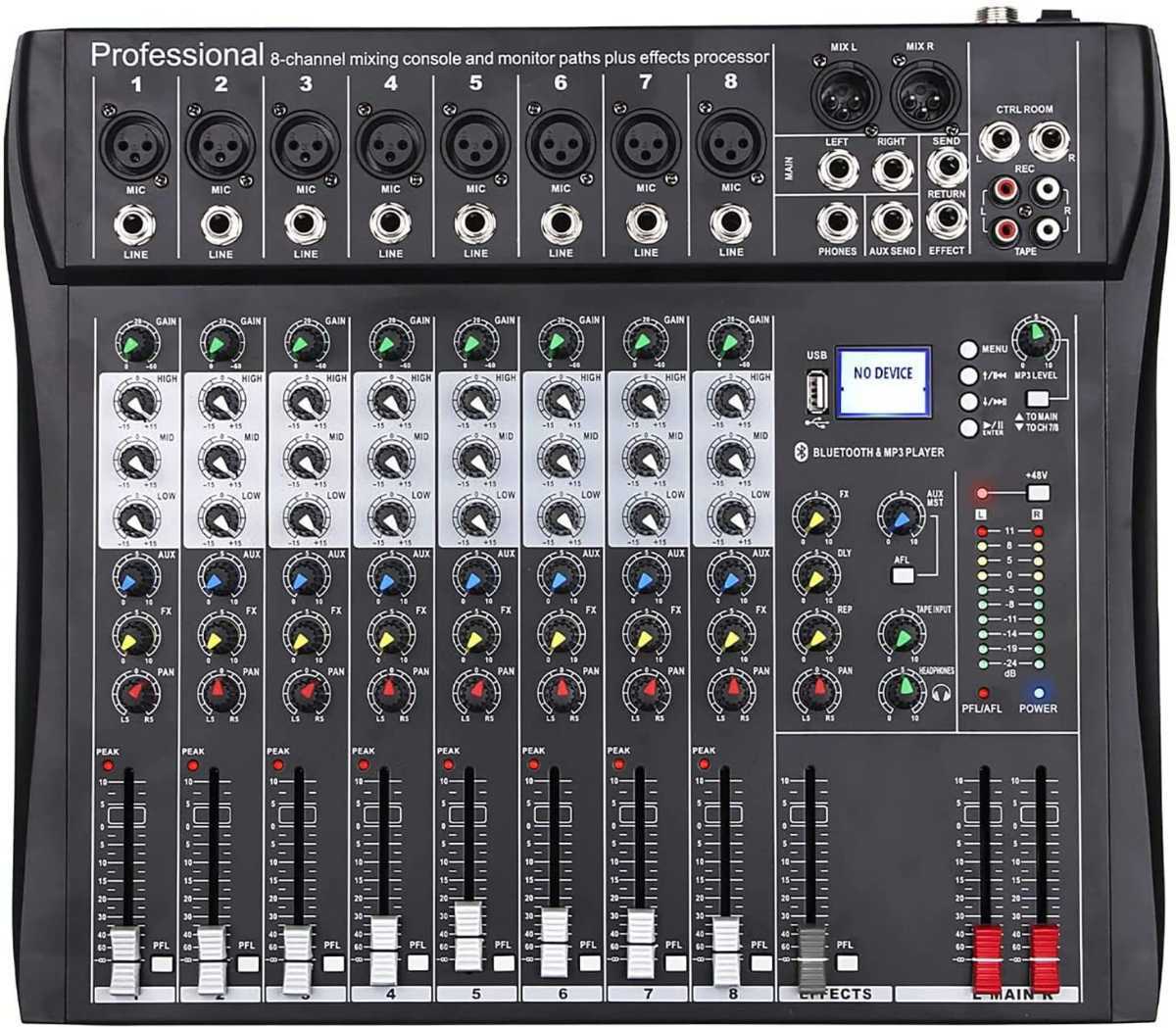 Sound Mixer Professional Sound Input Mixer 7-Channel Mixing Console with a Sound Card Bluetooth Audio DJ Mixer for Music Bar US Plug 110-240V 