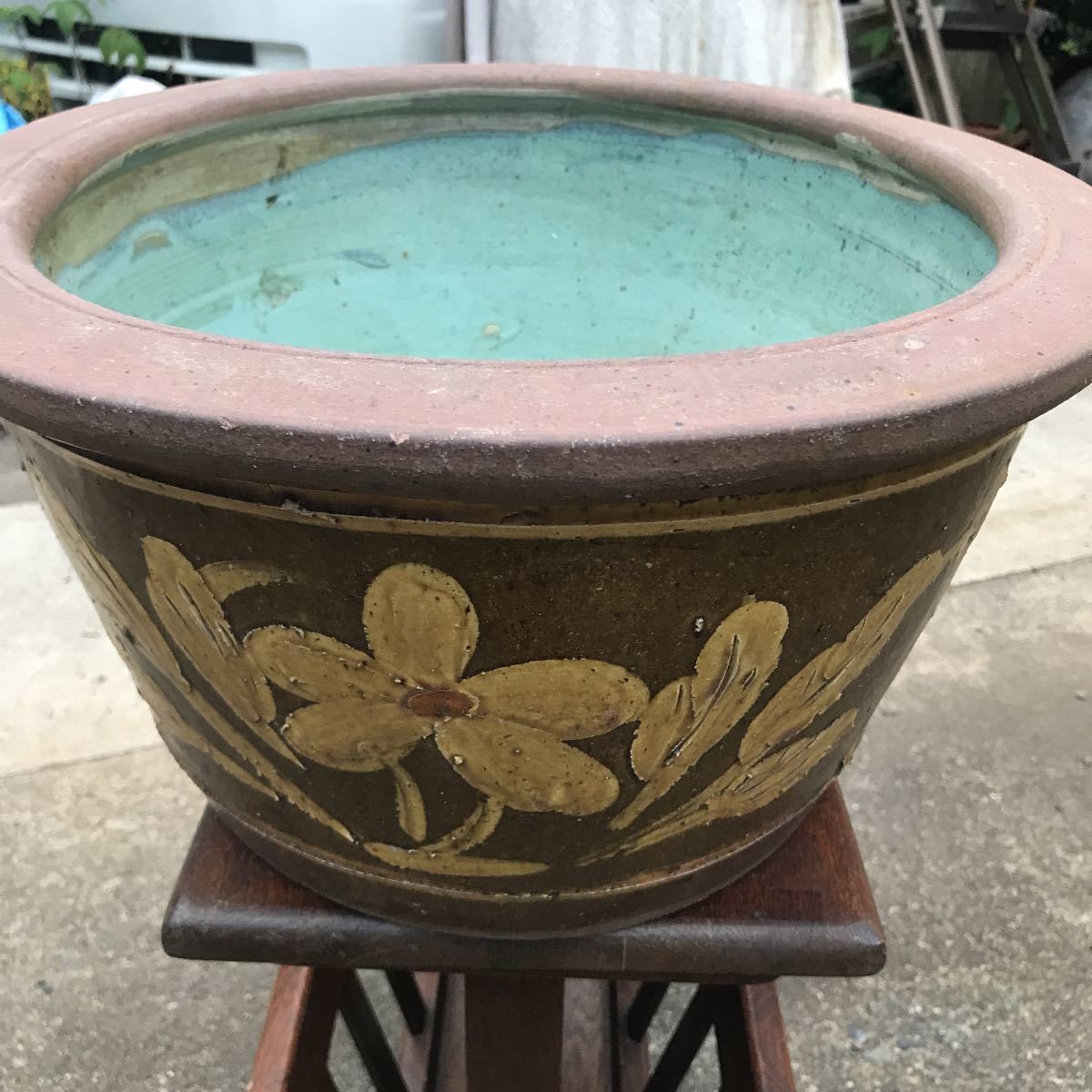 古いピータン甕 壺 花鳥図 楕円形 メダカ 金魚 睡蓮 鉢 古いピータン甕 壺 花鳥図 楕円形 メダカ 金魚 睡蓮 鉢