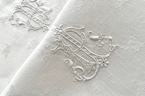  gorgeous white embroidery France made antique initial entering linen tablecloth / table napkin set 