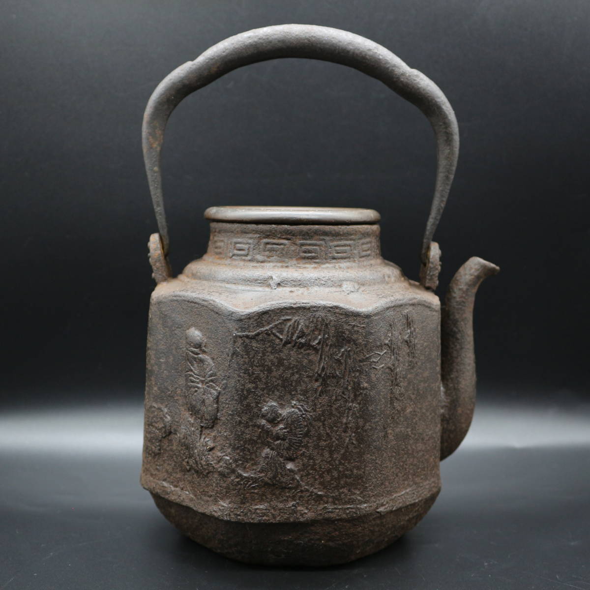 龍文堂造 八角 鉄瓶 花鳥図 銅蓋 古い 茶道具 煎茶道具