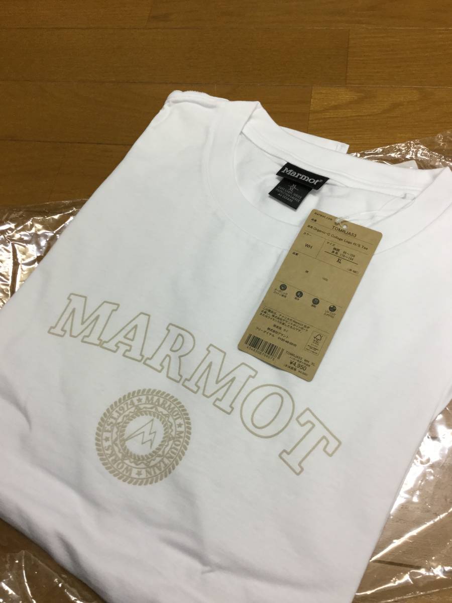 Marmot マーモット Organic-Cotton College Logo Tee オーガニックコットンカレッジロゴ Tシャツ 半袖 カットソー ホワイト XLサイズ