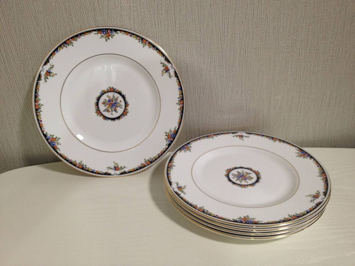 生産終了品 WEDGWOOD ウェッジウッド OSBORNE オズボーン BoneChina ボーンチャイナ 皿 プレート ５枚セット 花 フラワー 金彩 旧刻印 黒壺_画像1