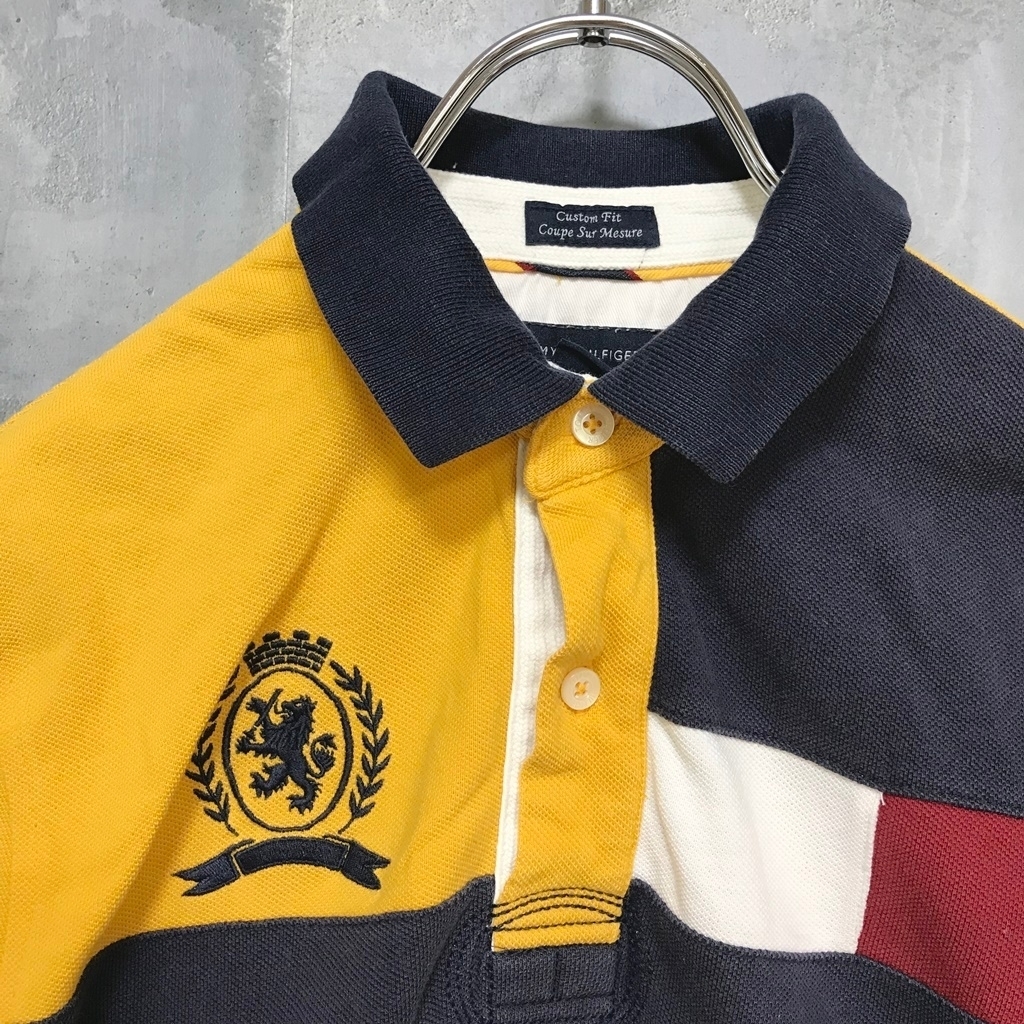 ◆お洒落な逸品◆Tommy Hilfiger/トミーヒルフィガー 半袖 ポロシャツ ロゴマーク ネイビー/イエロー 黄色 メンズ S K161 ｃ4369_画像3