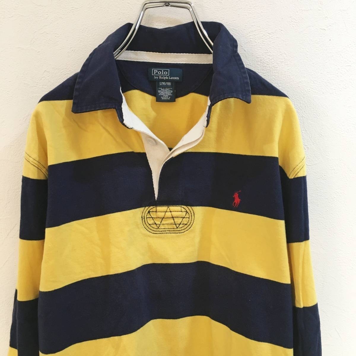 ◆レア◆太ボーダー◆大きいサイズ◆アイビールック◆RALPH LAUREN/ラルフローレン ラガーシャツ ボーダー ネイビー イエロー L ON1753_画像4