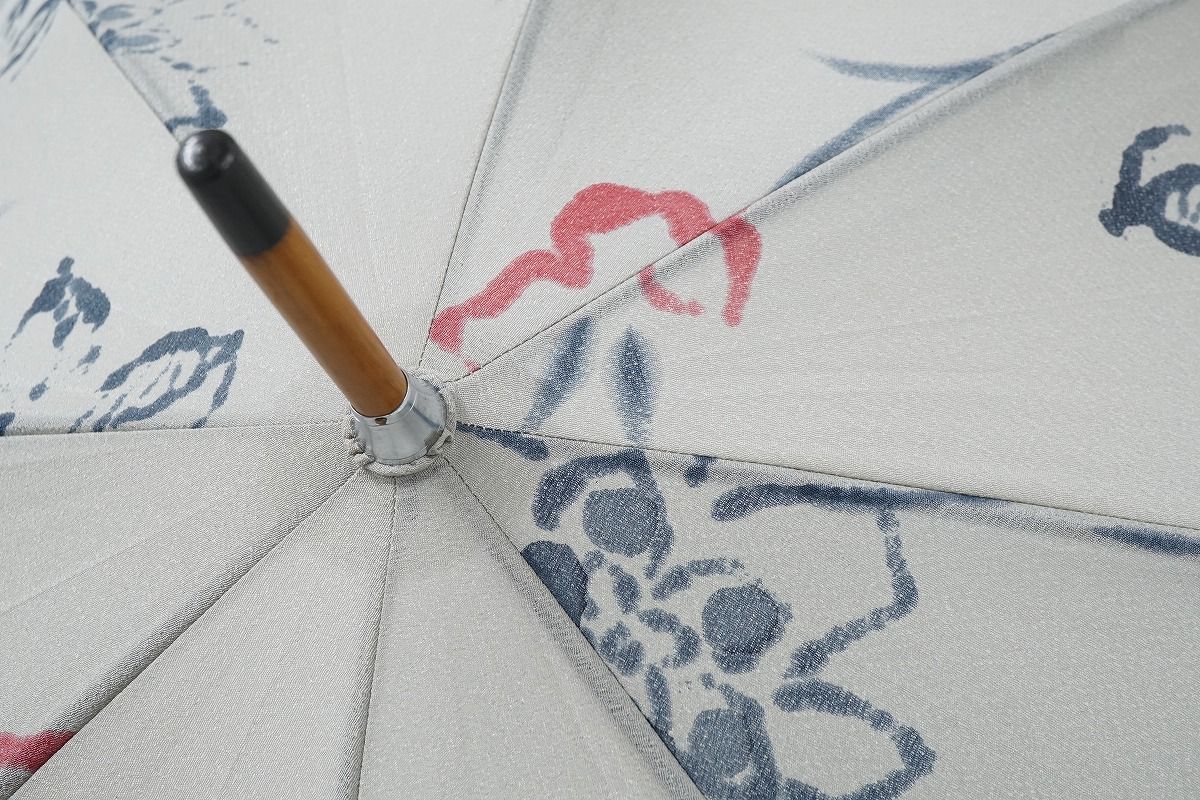 S8333 柴田（株） 高級日傘 USED美品 ちりめん グレー 和モダン 水彩 日本製 木製手元 遮光 47cm C_画像5