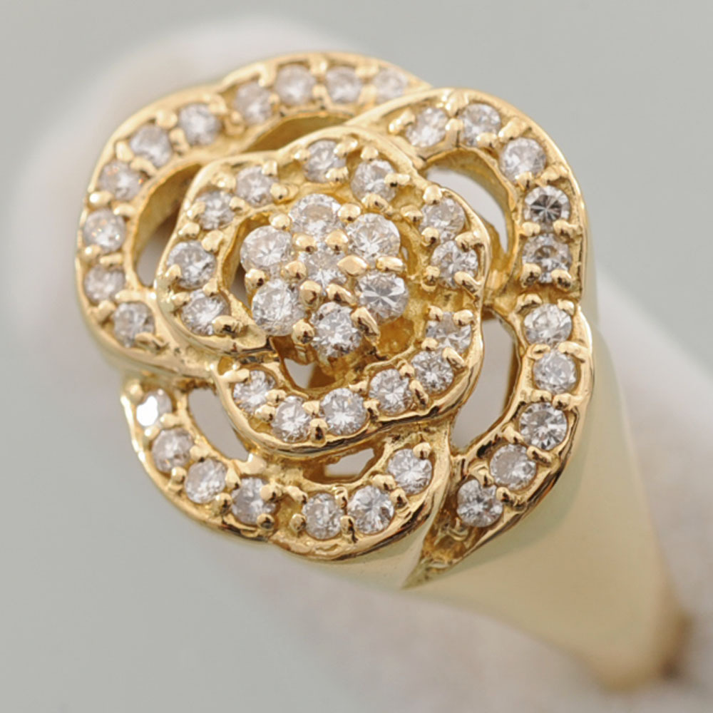 【G74】 K18　イエローゴールド　ダイヤモンド 0.35ct　花モチーフ　デザイン リング 指輪　中古品仕上げ済み　14号