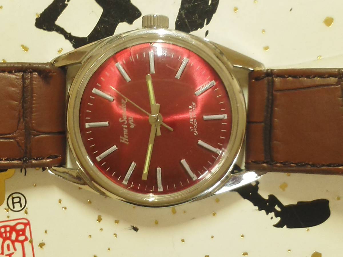196～70年代 　HENRI　SANDOZ　RED文字盤仕様　美品　円形デザイン　日差も優秀　手巻き　スイス手巻腕時計 稼動品 _画像1