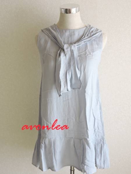 fei burr to flax & cotton tunic blue no sleeve M~L shoulder ribbon (Favorite/ forest girl /A line / tops 