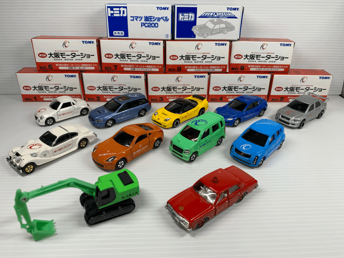 第3回大阪モーターショー開催記念トミカ NO.1~9+非売品 コマツ油圧ショベル+イベントスペシャル クラウン消防指揮車 11台セット