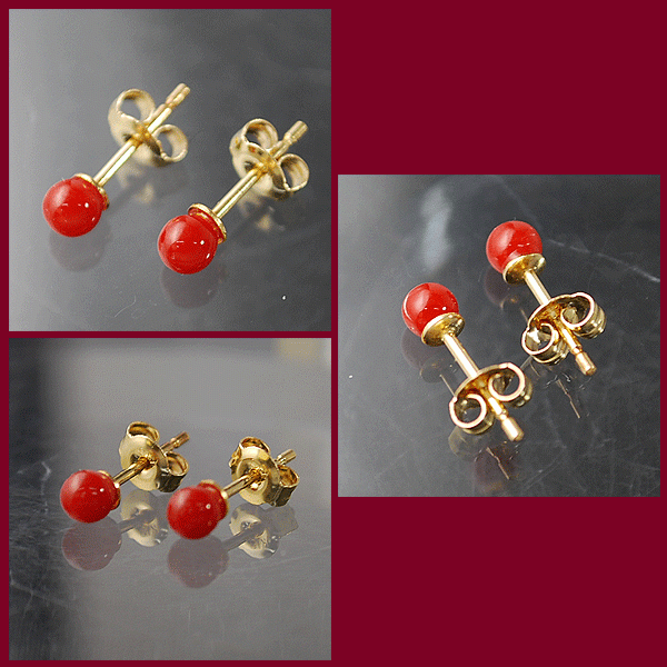 [ free shipping ][ genuine article ] natural coral earrings *K18 yellow gold * circle sphere ..* small earrings * coral 3.7 millimeter * pretty * beautiful goods * lady's 