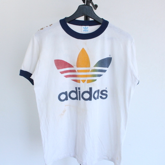 j373 80sビンテージ adidas リンガーTシャツ■1980年代製 表記Mサイズ ホワイト×ネイビー アメカジ ストリート レトロ 古着 検 90s 70s_画像1