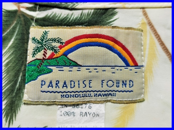即決! 良品! ハワイ製 PARADISE FOUND パラダイス ファウンド レーヨンアロハシャツ メンズM_ブランドラベル