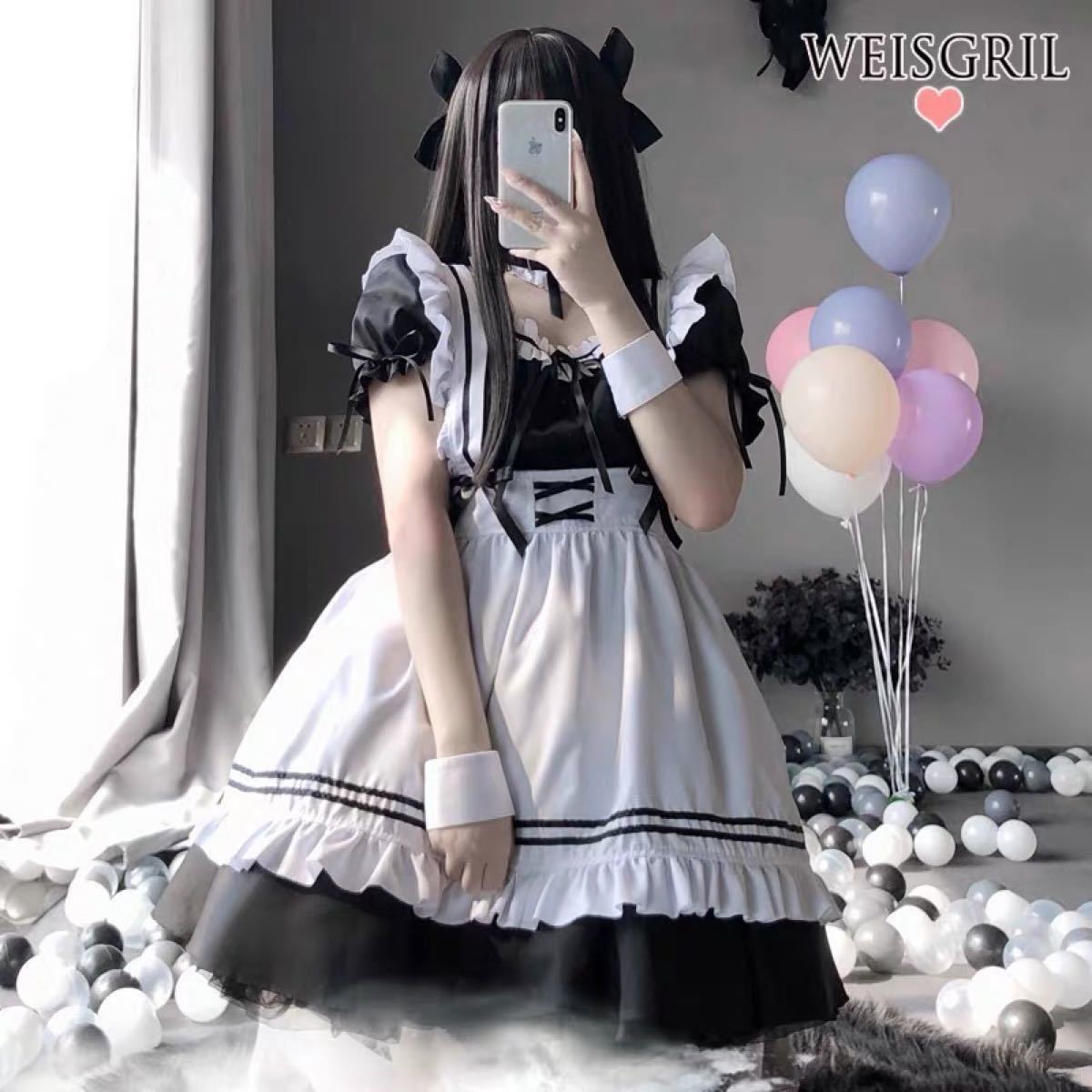 【sサイズ】黒メイド服 萌え コスプレ 衣装 ロリータ かわいい 6 点セット+ 白靴下