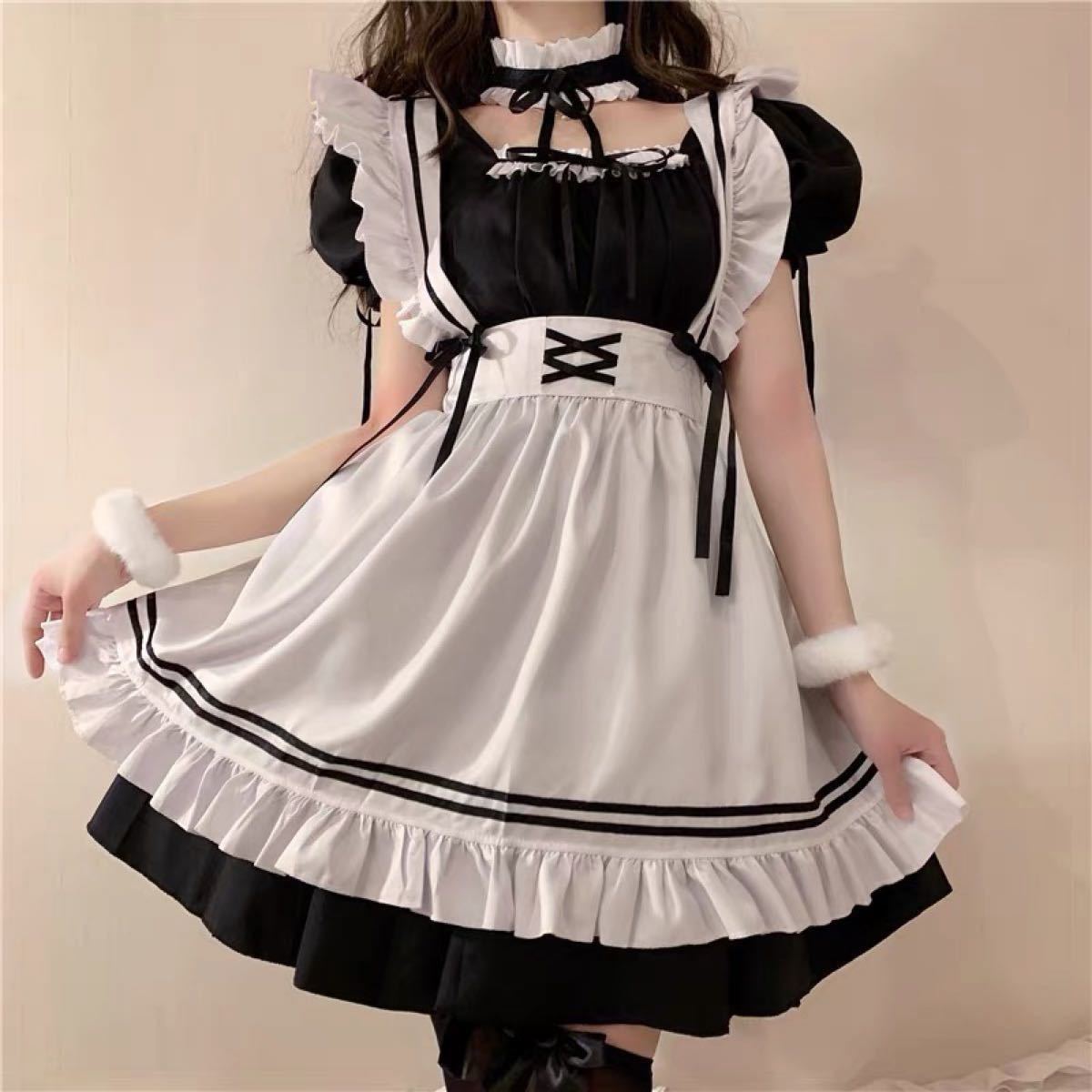 【sサイズ】黒メイド服 萌え コスプレ 衣装 ロリータ かわいい 6 点セット+ 白靴下