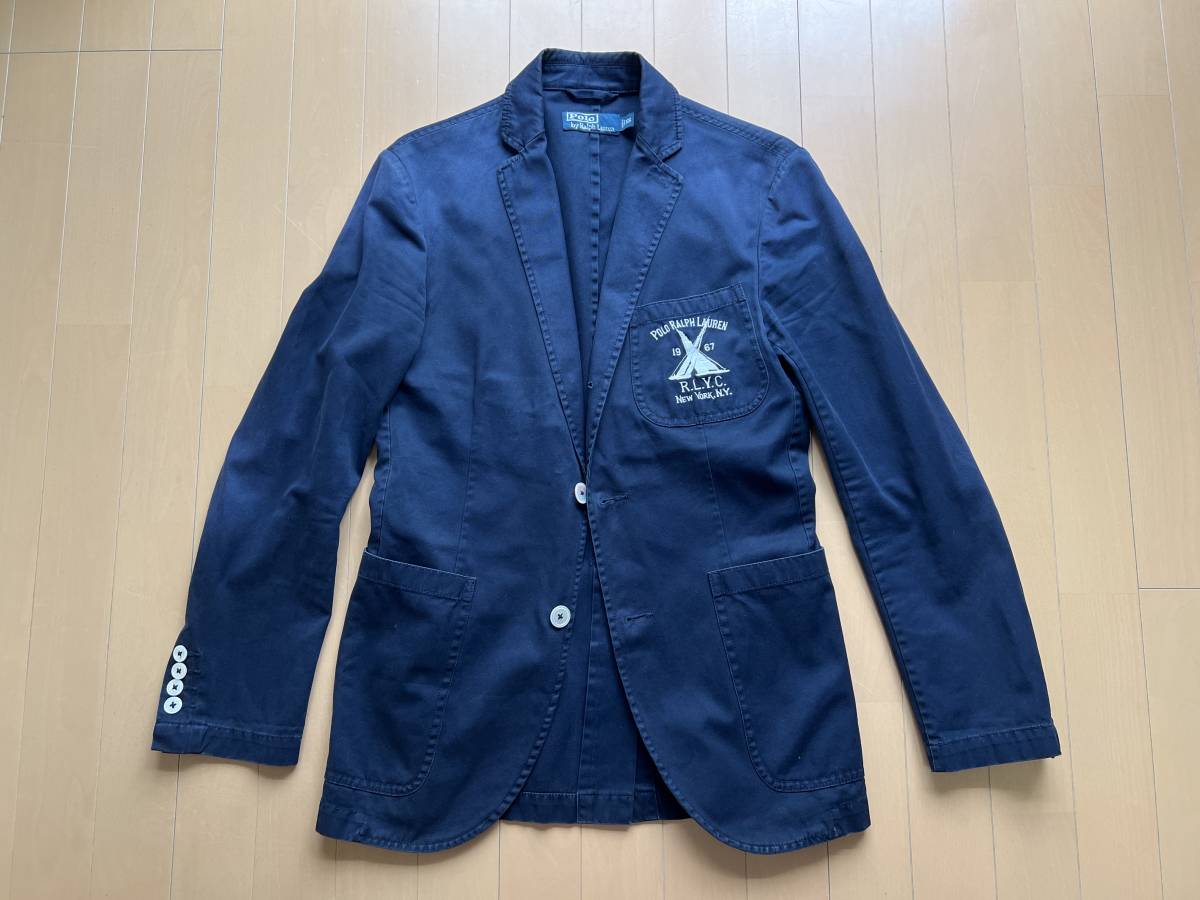 特価ブランド LAUREN 【定4.2万/美品】RALPH コットン100% 最高級スポーツジャケット ノッチドラペル段返り3つ白蝶貝釦 濃紺コットンツイル&ヨット刺繍 ジャンパー、ブルゾン