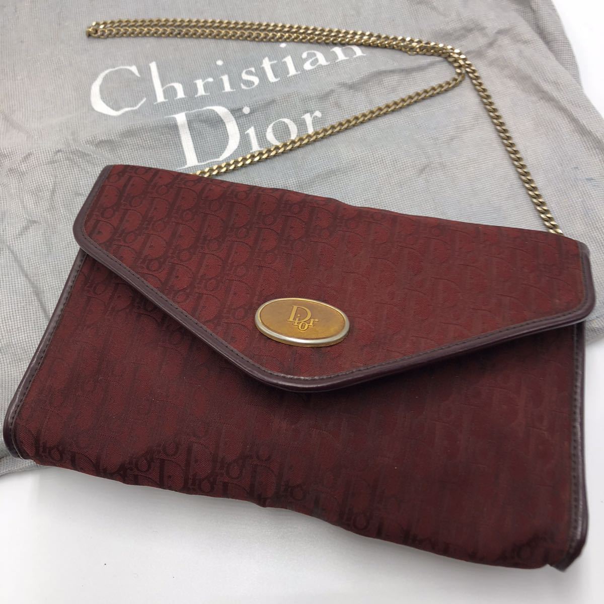 1円【極美品】 Christian Dior ショルダーバッグ トロッター柄 チェーン ゴールド金具 ディオール ポシェット ボルドー キャンバス レザー_画像1