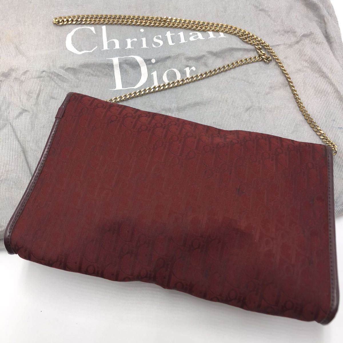 1円【極美品】 Christian Dior ショルダーバッグ トロッター柄 チェーン ゴールド金具 ディオール ポシェット ボルドー キャンバス レザー_画像2