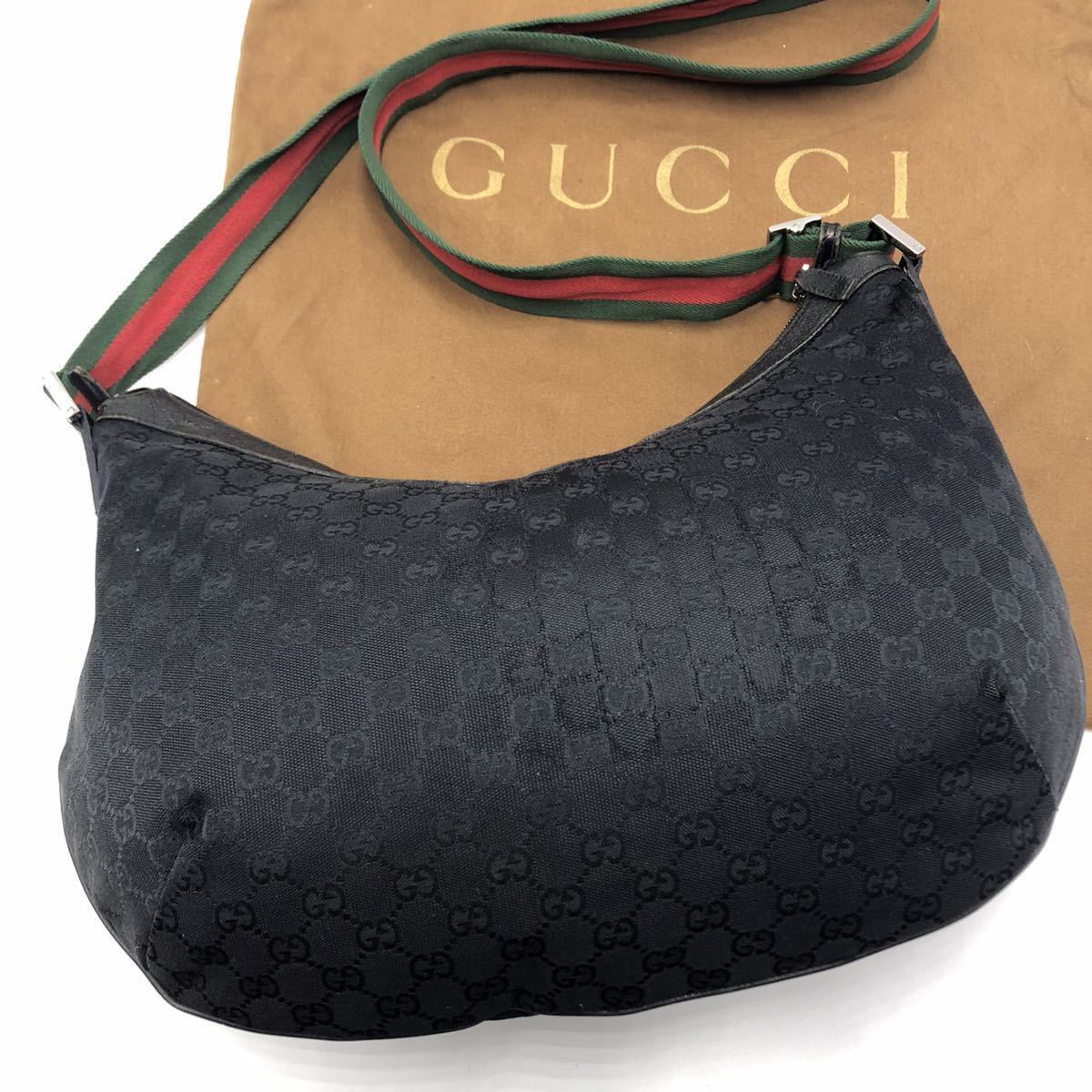 1円【極美品】 GUCCI ショルダーバッグ クロワッサン GG シェリーライン 大容量 グッチ ポシェット 斜めがけ 黒 キャンバス レザー 189752_画像2