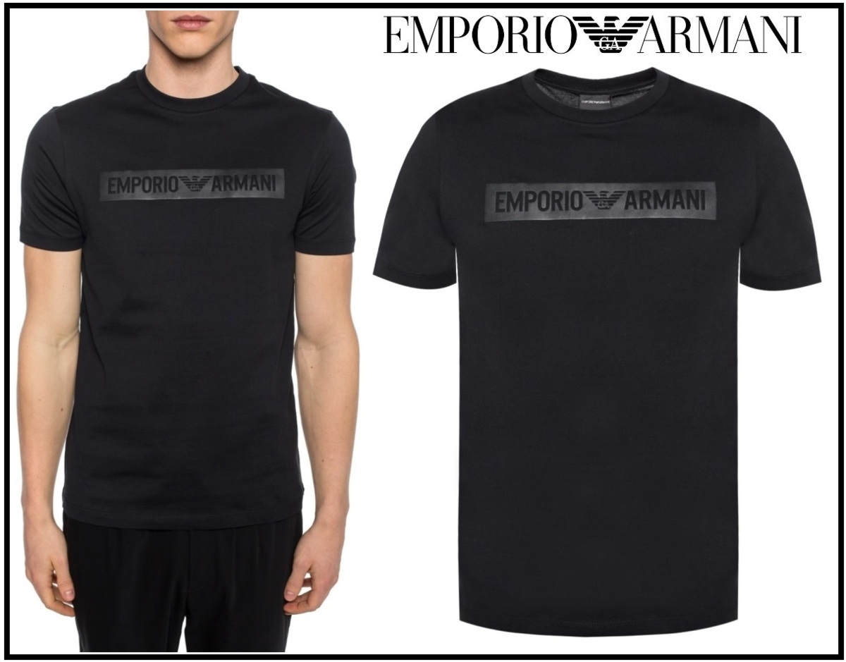 3万新品◇S◇EMPORIOアルマーニ 黒ロゴプリントコットンTシャツ