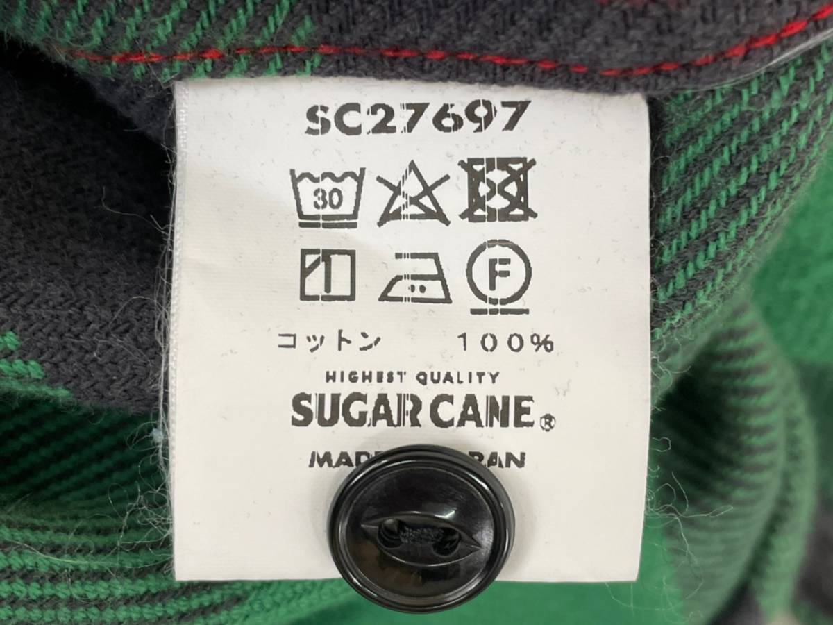 Wa008 日本製 SUGARCANE シュガーケーン ネルシャツ 猫目ボタン ヘビーコットンチェック柄 グリーン系_画像6