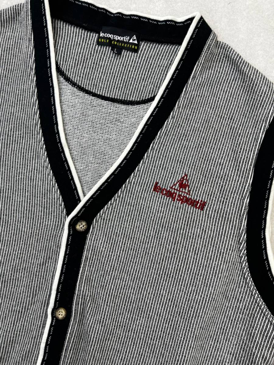 NC246 日本製 le coq sportif golf ルコックゴルフ コットン　ニット　ベスト ストライプ ロゴ刺繍 ブラック×ホワイト　メンズ_画像4