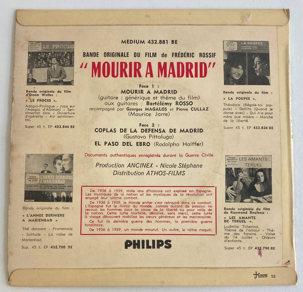 mourir a madrid (1963) モーリス・ジャール 仏盤EP Philips Medium 432881 BE_画像2