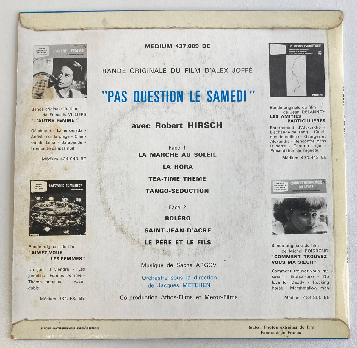 Pas question le samedi (1965) サシャ・アルゴフ 仏盤EP Philips Medium 437009 BE_画像2