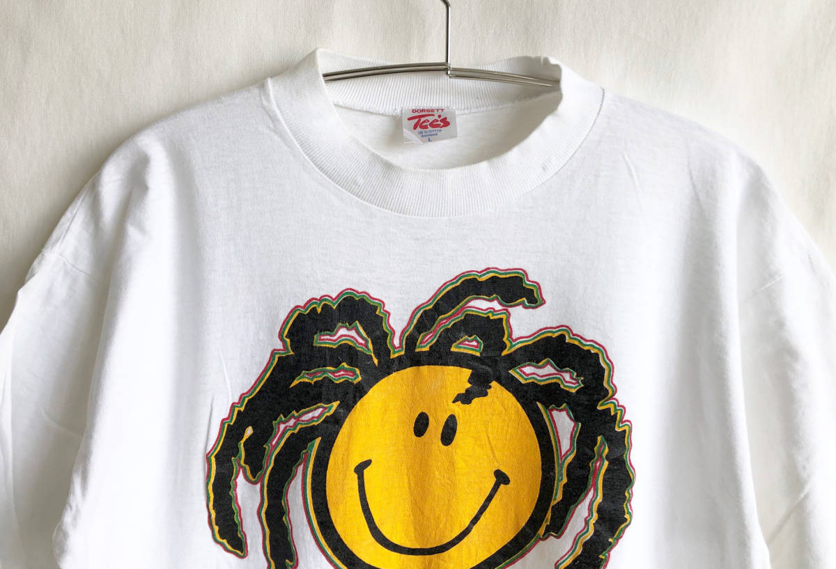 [80\'s Vintage /DORSETT Tee\'s]SMILEY,MON!/do красный смайлик футболка /L размер / белый / Baja ma производства / Reggae /la старт /DUB/p-223-1k