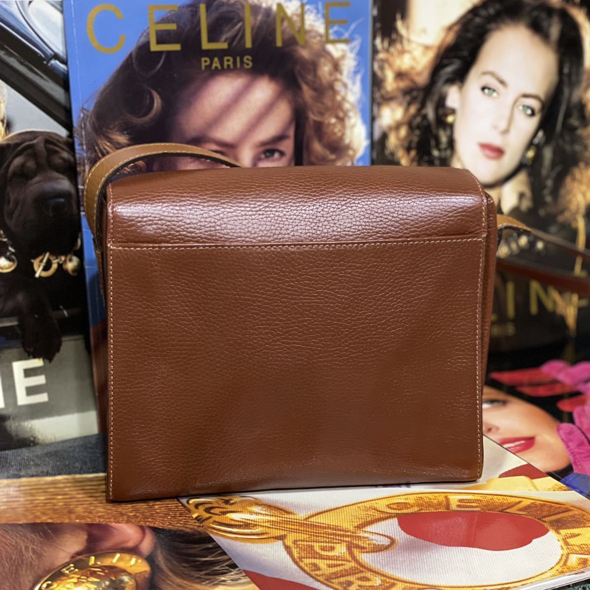 激レア VINTAGE OLD CELINE 型押しレザー ショルダーバッグ ヴィンテージバッグ サークル金具 ブラウン バイカラー 斜め掛け