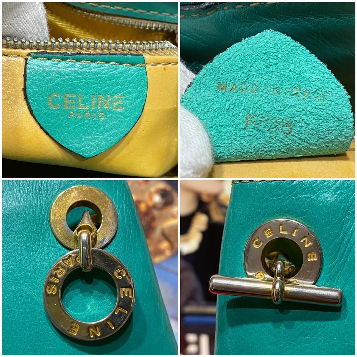 希少デザイン レア 90'S VINTAGE OLD CELINE バケツ型 ミニショルダーバッグ サークル金具 エメラルドグリーン マカダム ヴィンテージ