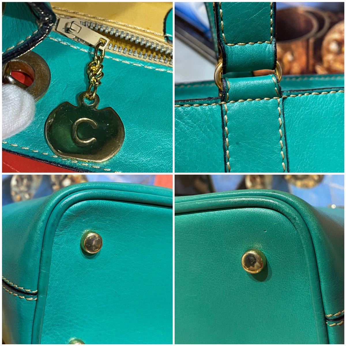 希少デザイン レア 90'S VINTAGE OLD CELINE バケツ型 ミニショルダーバッグ サークル金具 エメラルドグリーン マカダム ヴィンテージ