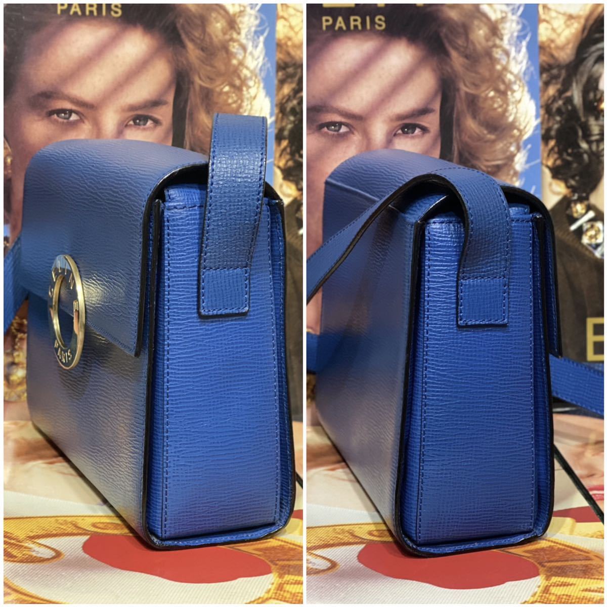 激レア VINTAGE OLD CELINE 型押しレザー ショルダーバッグ ヴィンテージバッグ サークル金具 青 ブルー 斜め掛け_画像5