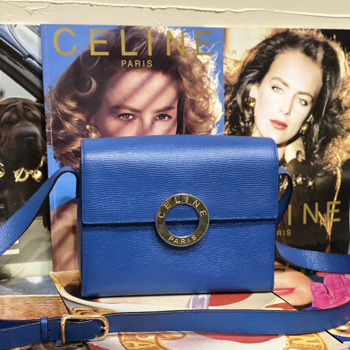 激レア VINTAGE OLD CELINE 型押しレザー ショルダーバッグ ヴィンテージバッグ サークル金具 青 ブルー 斜め掛け