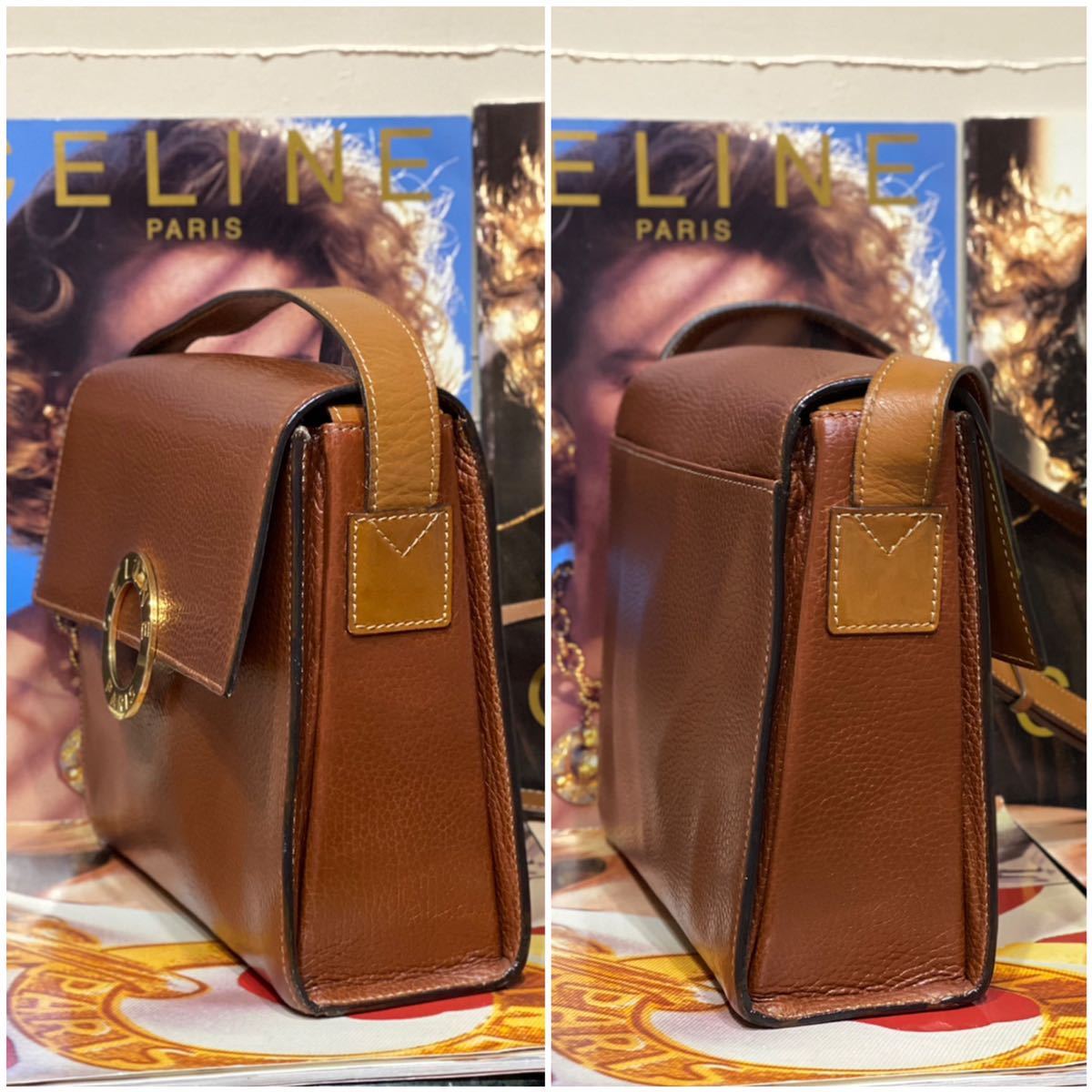 激レア VINTAGE OLD CELINE 型押しレザー ショルダーバッグ ヴィンテージバッグ サークル金具 ブラウン バイカラー 斜め掛け