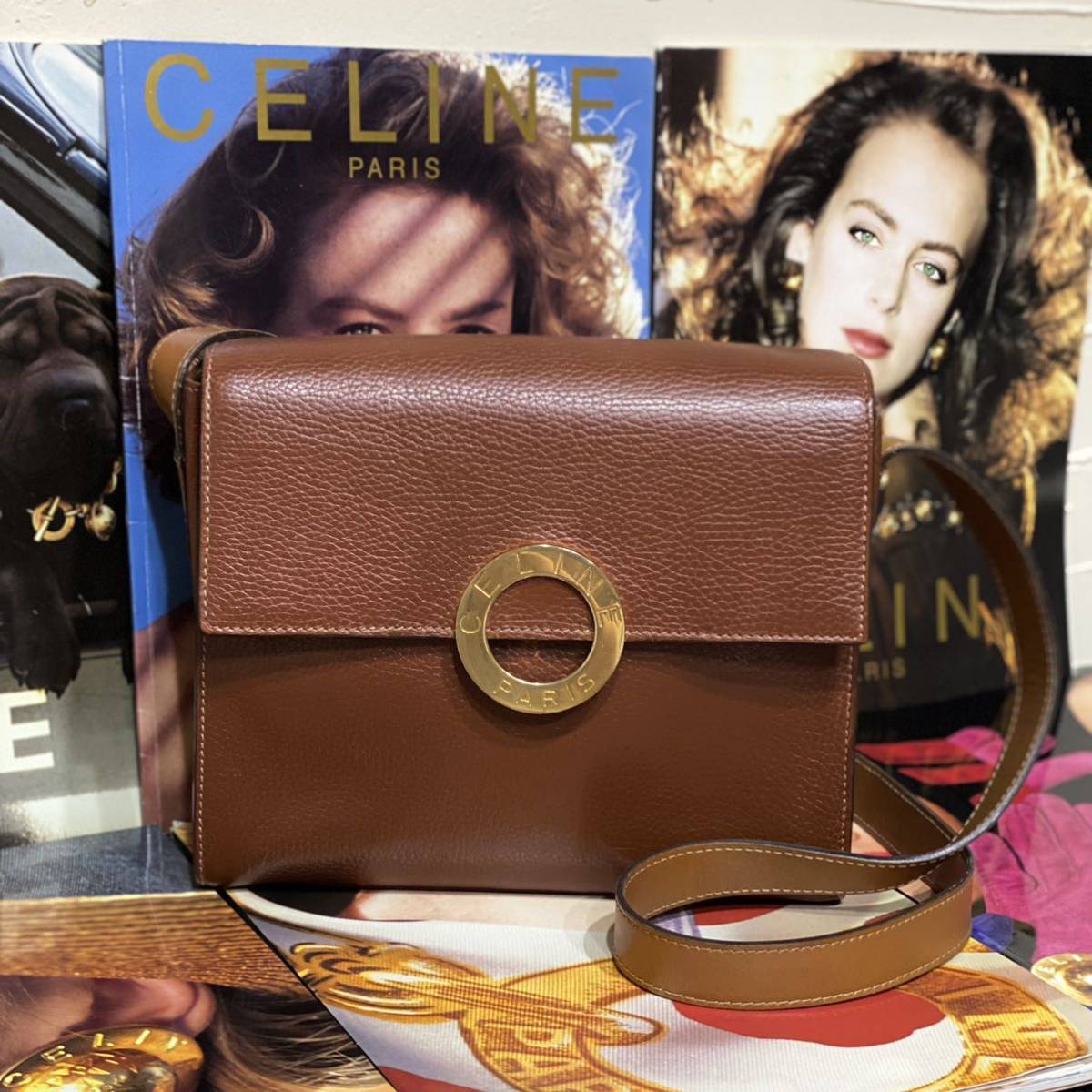 激レア VINTAGE OLD CELINE 型押しレザー ショルダーバッグ