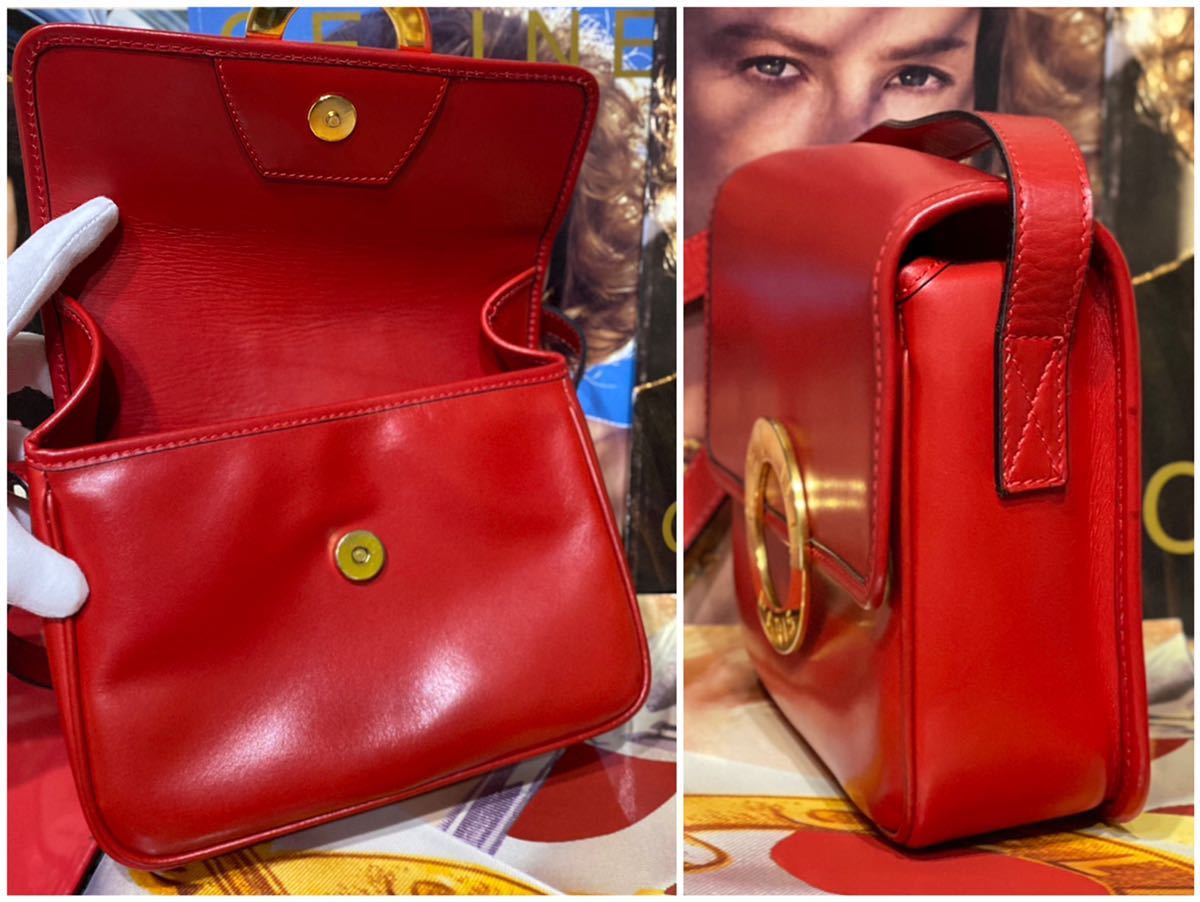 激レア 超美品 VINTAGE OLD CELINE カーフレザー ショルダーバッグ ヴィンテージバッグ サークル金具 赤 レッド 斜め掛け_画像5