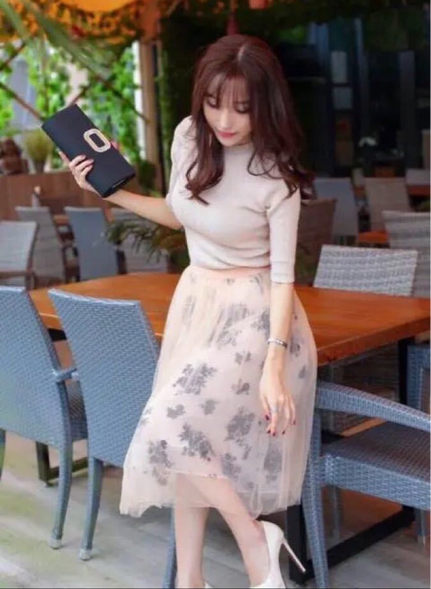 韓国ファッション レディース セットアップ ハイネックリブニットセーター フラワーチュールスカート 清楚系 お嬢様 フェミニン