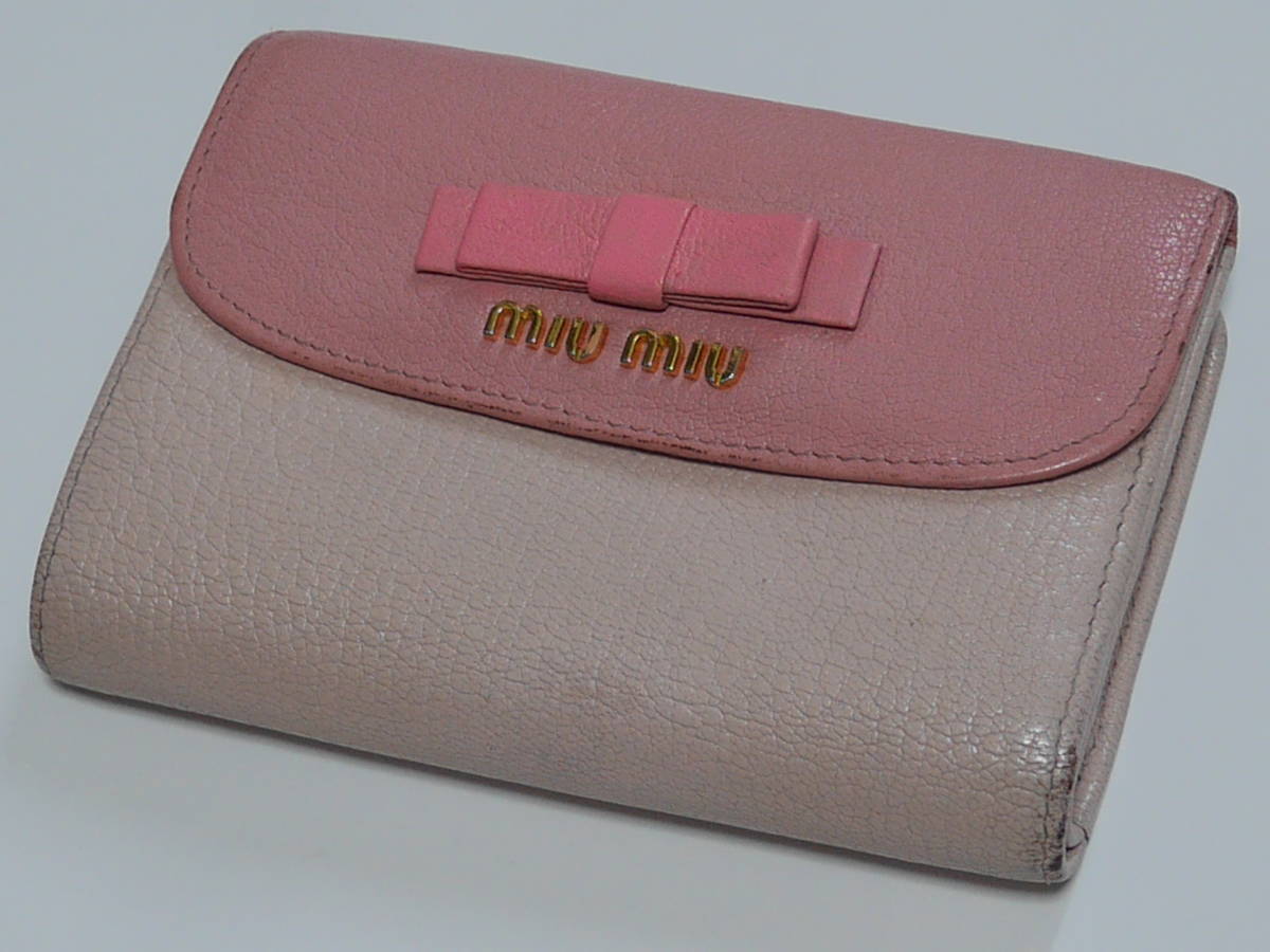 miumiu ミュウミュウ 三つ折り財布 財布 リボン ピンク系 レザー 正規