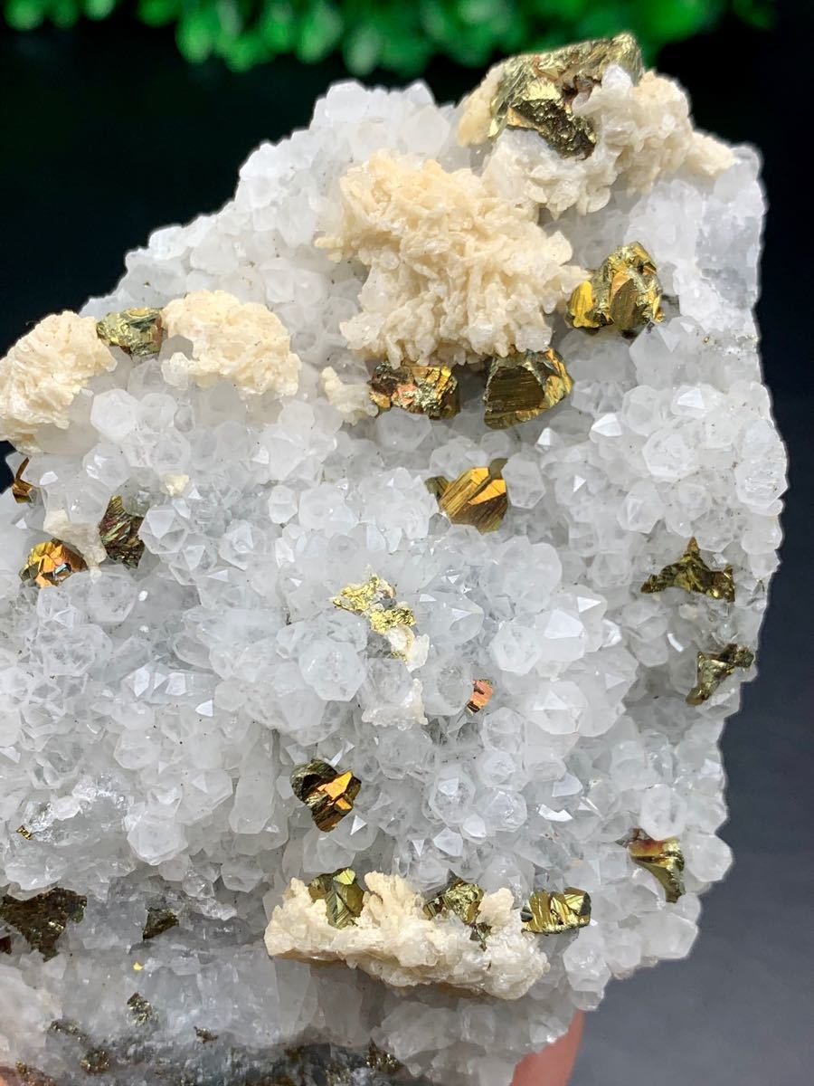 天然水晶&パイライト共生 黄鉄鉱 黄銅鉱 チャルコパイライト 高品質 