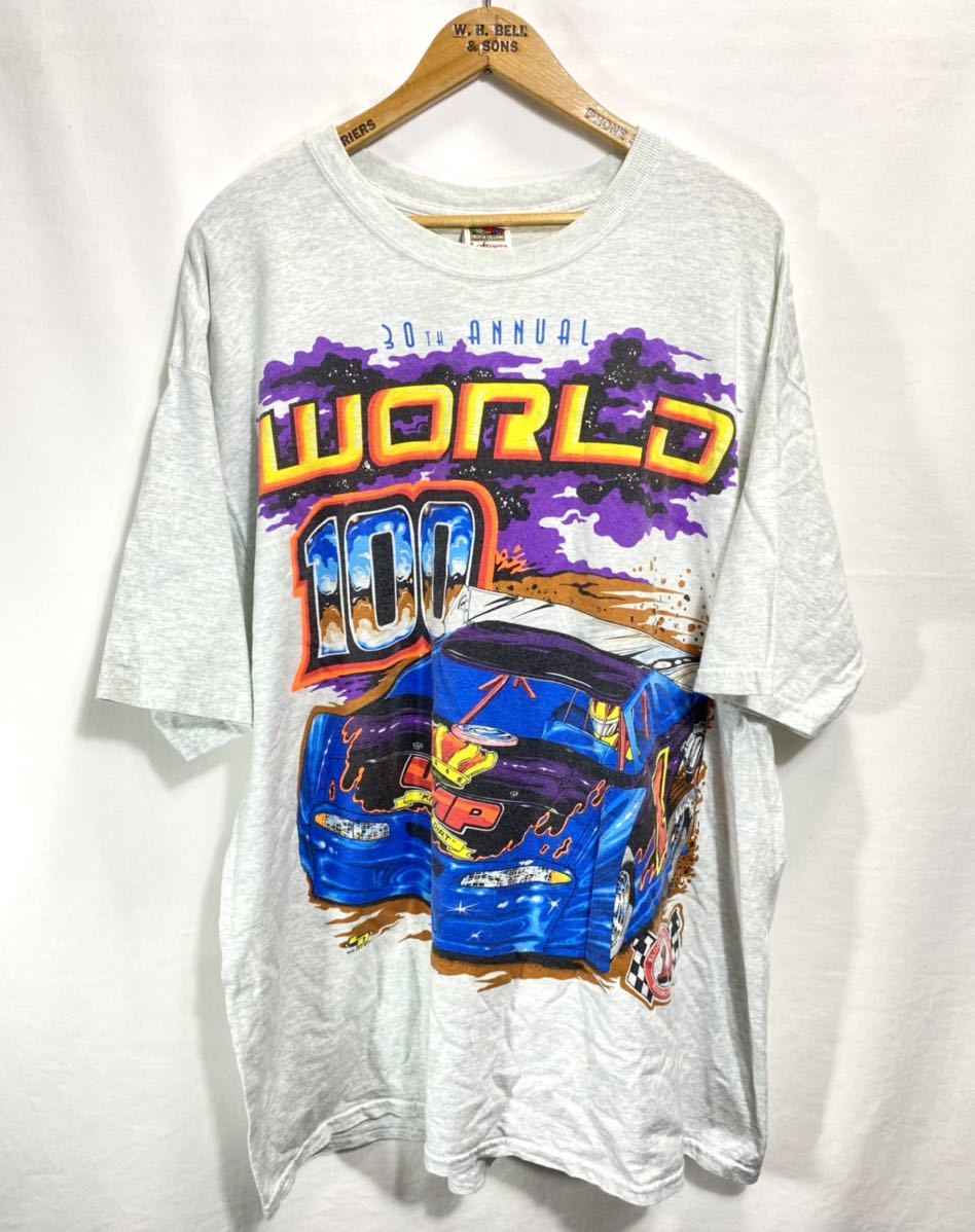 ■ 大きめサイズ FRUIT OF THE LOOM 30周年記念 WORLD 100 ELDORA SPEEDWAY 両面プリント 半袖 Tシャツ 古着 サイズXXL アメカジ グレー ■_画像1