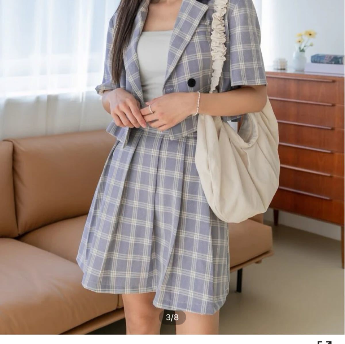 レディース セットアップ ブルー ギンガムチェック かわいい 韓国 ファッション 夏服 