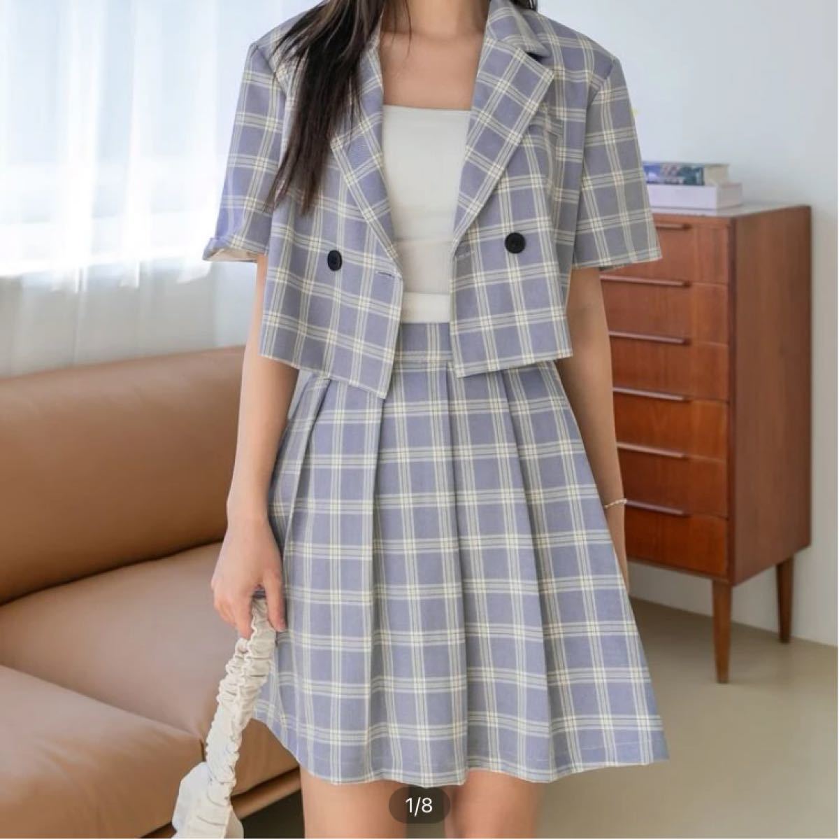 レディース セットアップ ブルー ギンガムチェック かわいい 韓国 ファッション 夏服 