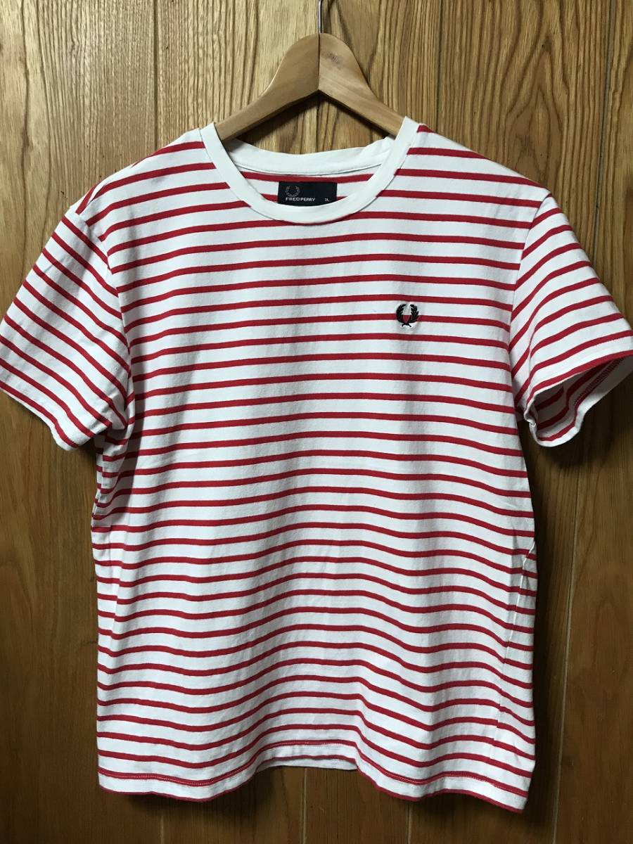 送無♪FRED PERRYフレッドペリー♪赤白ボーダTシャツ・レディースXL の