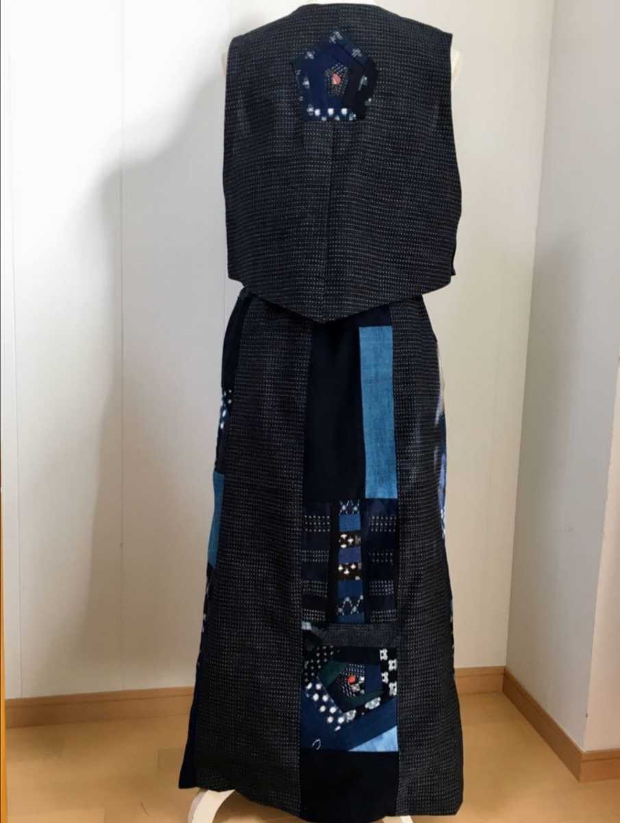 免税品購入 古布 藍染 雪ん子 型染め 絣 パッチワーク ロングスカート 