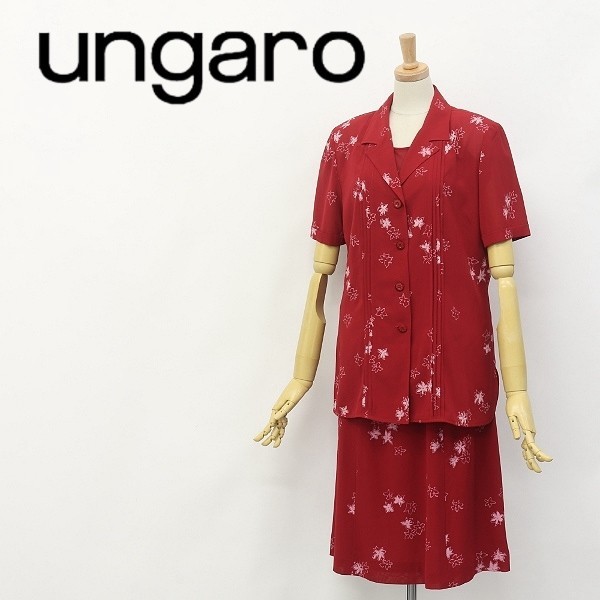 ◆ungaro/ウンガロ 花柄 半袖 トップス＆ブザムシャツ＆スカート セットアップ アンサンブル レッド 9/9/11