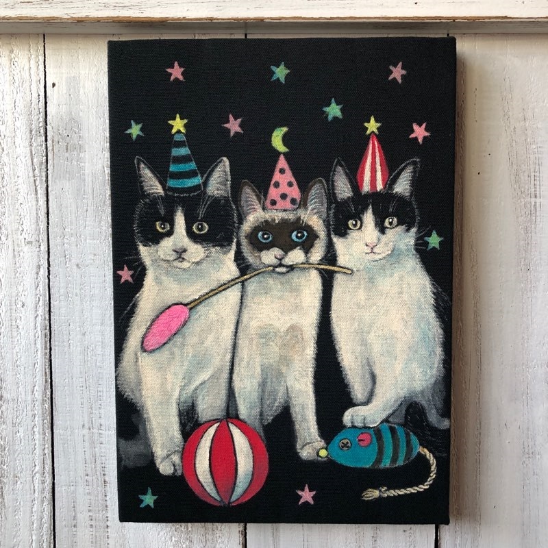 ファッションなデザイン 「あそぼう」SMサイズ額付きアート作品原画 猫