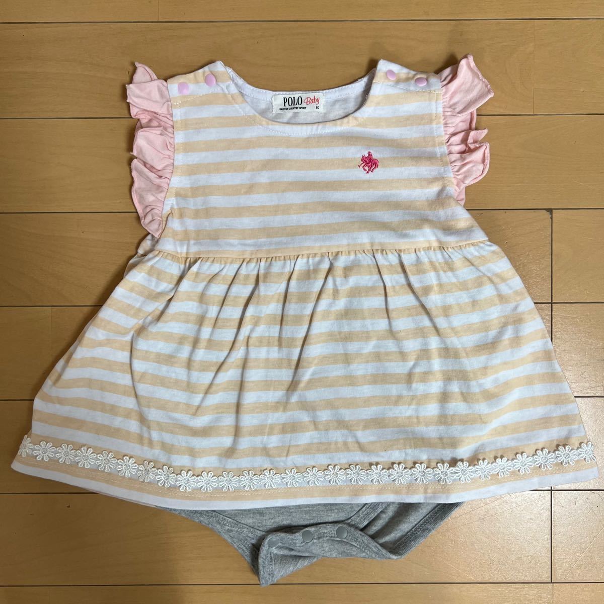 POLOBaby ポロベビー ピンクボーダーフリルロンパース 80cm 女の子 ワンピース ベビー