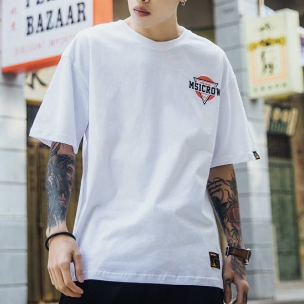 Paypayフリマ 韓国 服 メンズ 和風 ストリート モード ロック 半袖 Tシャツ ホワイト 白