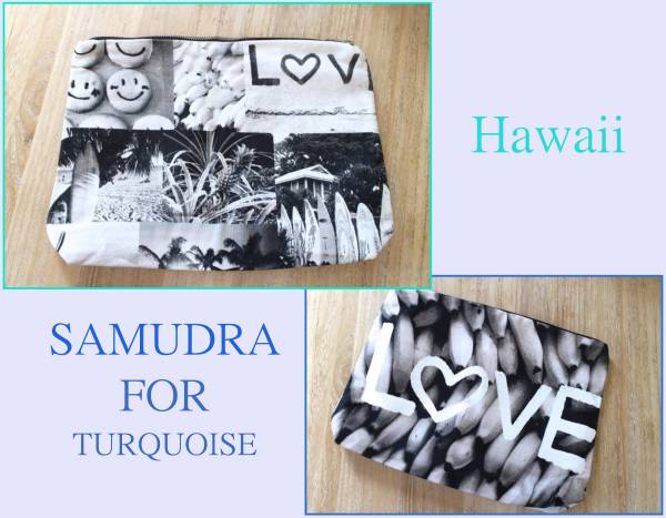 日本未入荷限定 HAWAII サムドラターコイズ SAMUDRA FOR Turquoise モノクロ ハワイプリント クラッチバッグ スマイル サーフ ロンハーマン