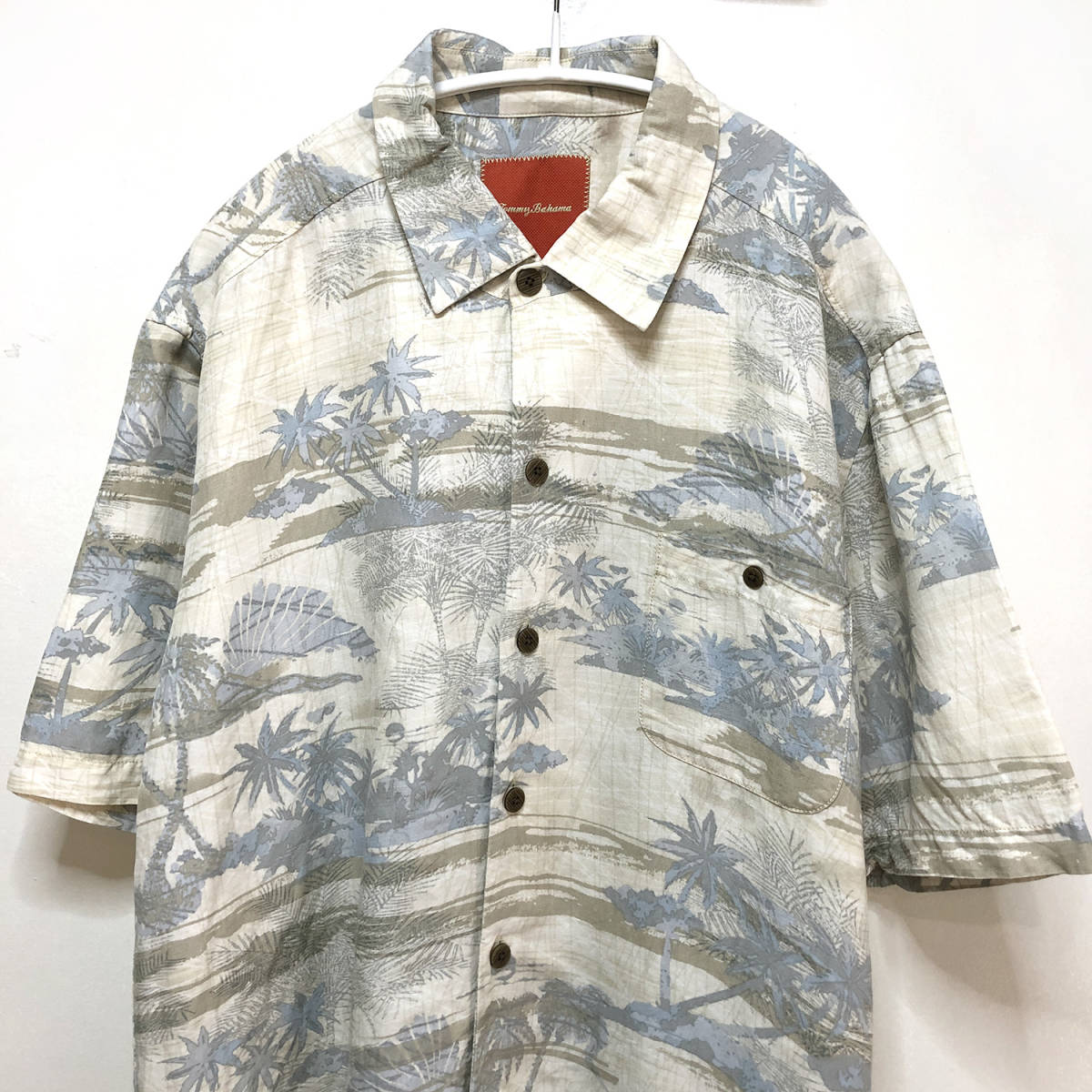 トミーバハマ シルク/リネン キャンプシャツ アロハシャツ ハワイアンシャツ 総柄 半袖シャツ メンズL TOMMY BAHAMA 古着 BF1207